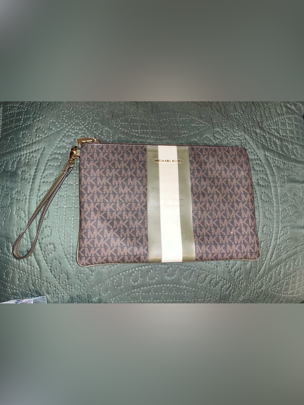 Michael Kors Brown Monogram Men's Zip Pouch with Olive and Cream Stripe